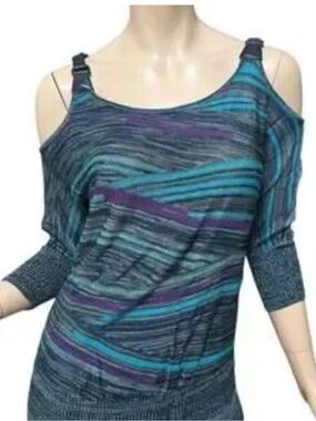 Striped Cold-Shoulder Knit Tunic in Teal & Purple